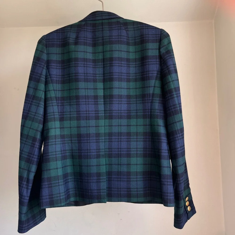 J. Crew Schoolboy‎ Blazer Size 4 Black Watch Plaid Navy Green Gold Button Jacket